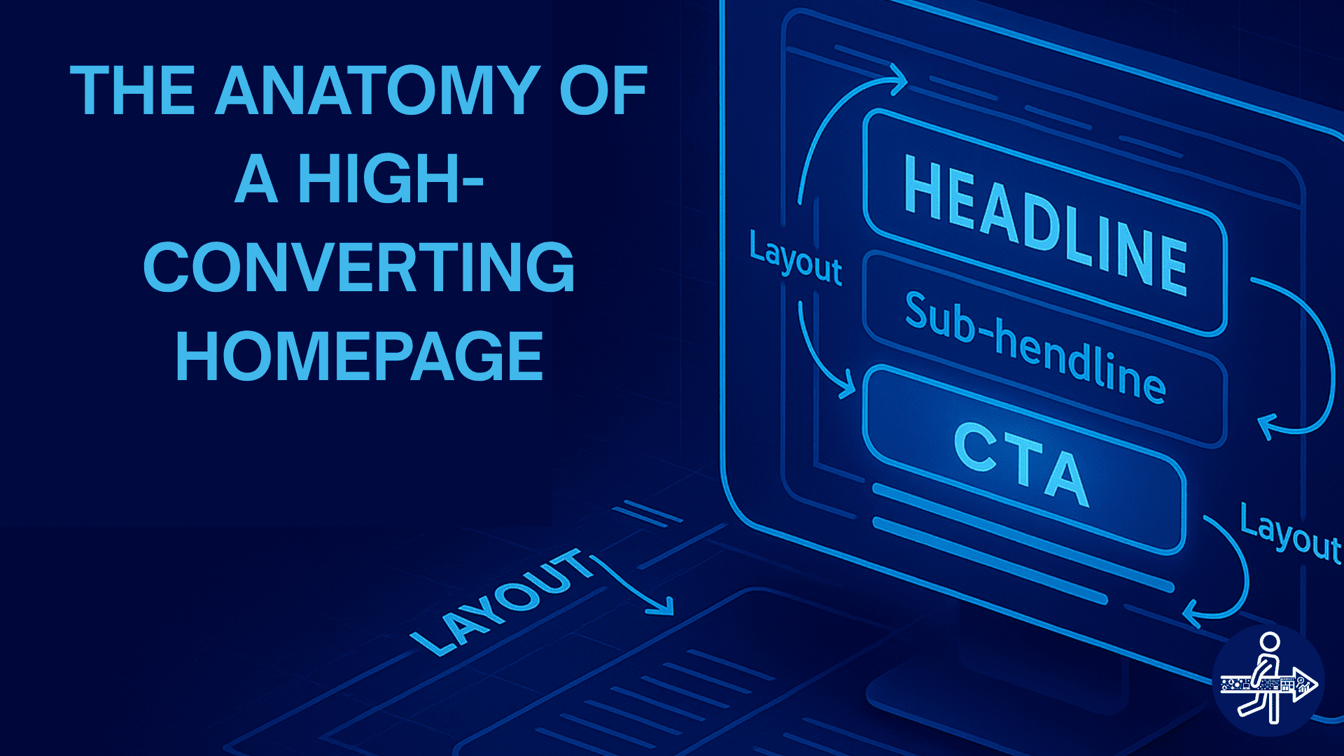 Digital blueprint layout of a high-converting homepage design showing call-to-actions, headlines, and layout flow on a glowing interface.