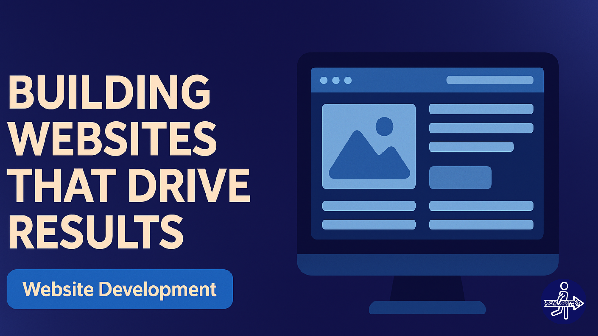 Isometric illustration of website development with a desktop screen displaying a web layout, code symbol, video player icon, and pencil—representing the creative and technical aspects of building websites.