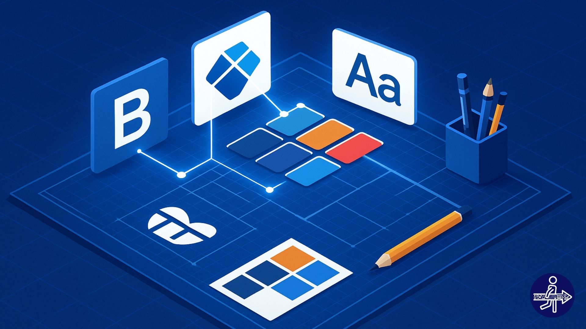 A 3D isometric digital illustration of brand strategy elements, including typography, logo design, color palettes, and a pencil holder. The Blueprint Branding & Consulting logo appears in the bottom-right corner, set against a futuristic royal blue workspace background.