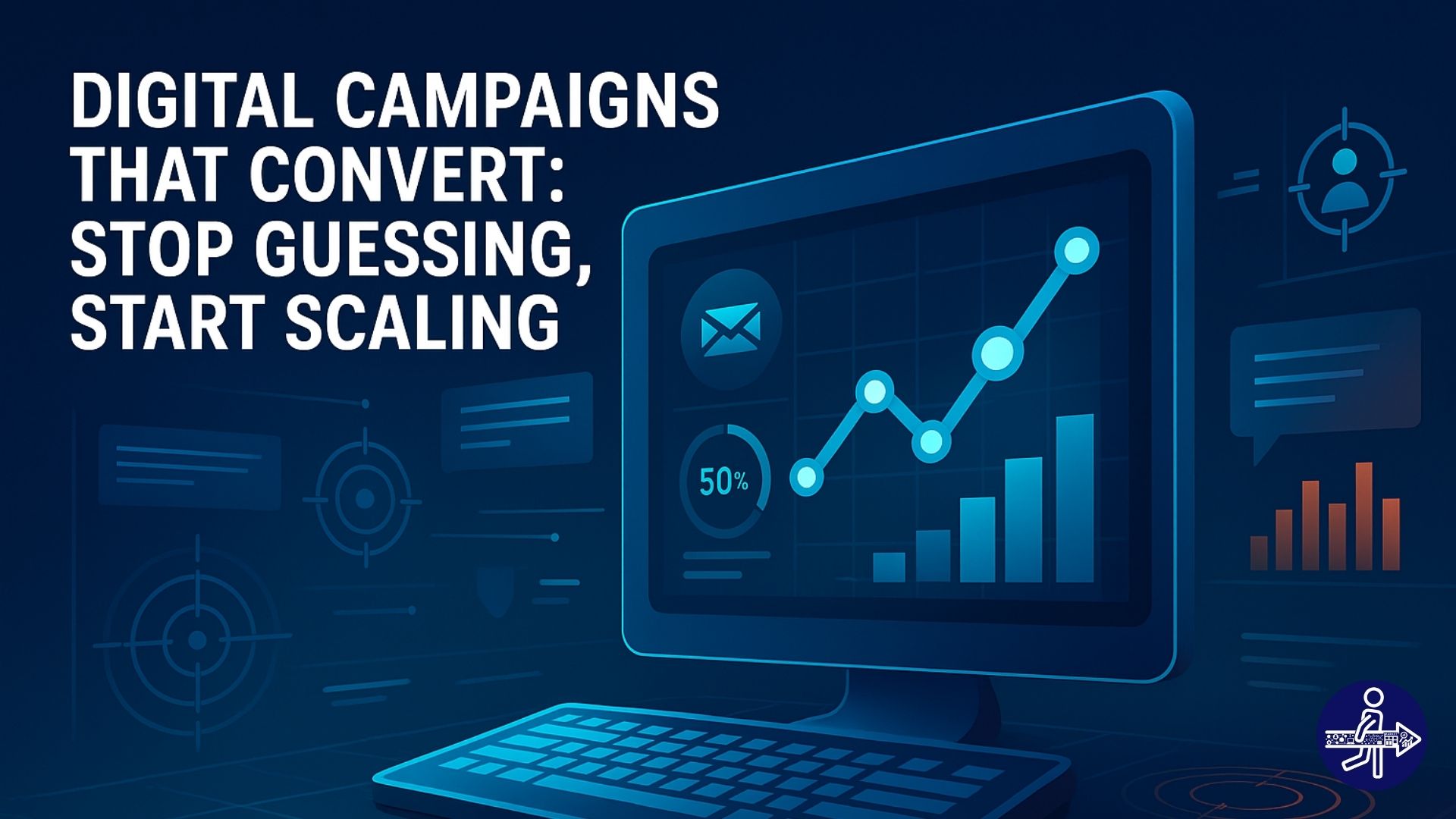 Illustration of a desktop monitor displaying campaign analytics with graphs and a rising trend line, alongside marketing icons like an email symbol and target, emphasizing scalable digital campaign performance.