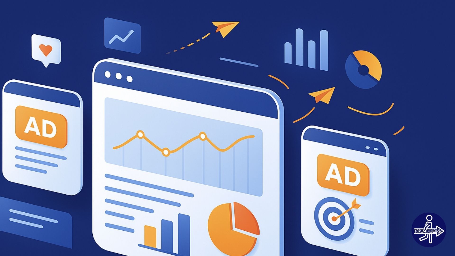Isometric ad dashboard featuring graphs, pie charts, and metrics for digital advertising performance.