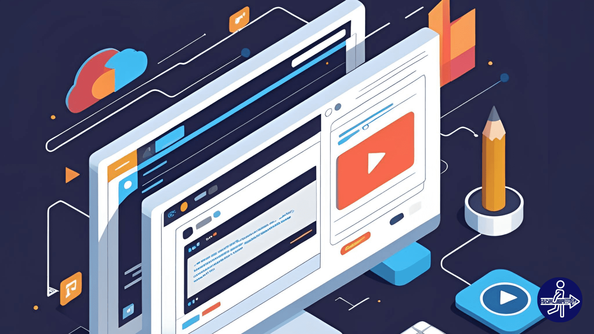 Isometric illustration of website development with a desktop screen displaying a web layout, code symbol, video player icon, and pencil—representing the creative and technical aspects of building websites.